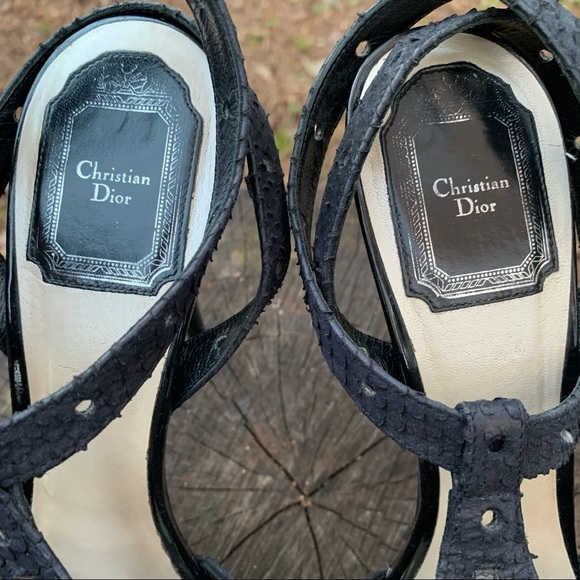 Christian Dior black Python and patent leather T strap ankle strap sandals 39 - Picture 14 of 16